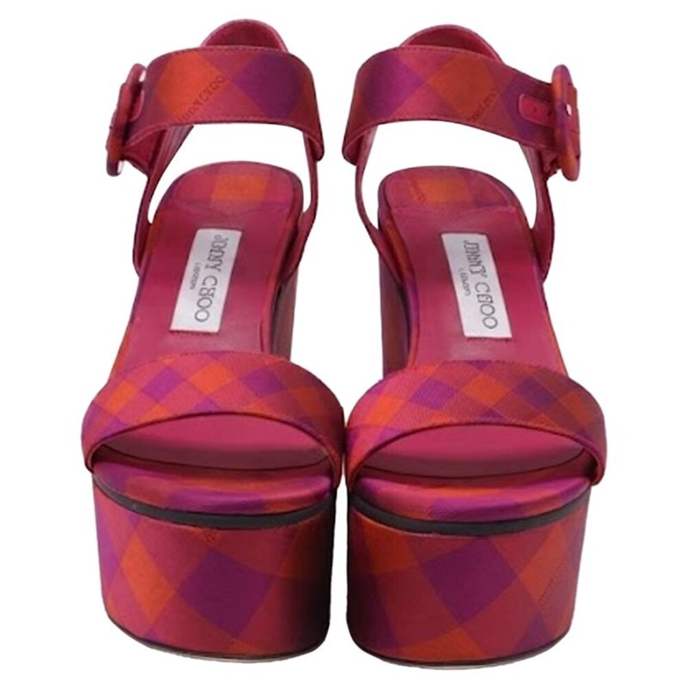 Jimmy Choo Check Wedge Sandals in Pink Cotton - Picture 2 of 9